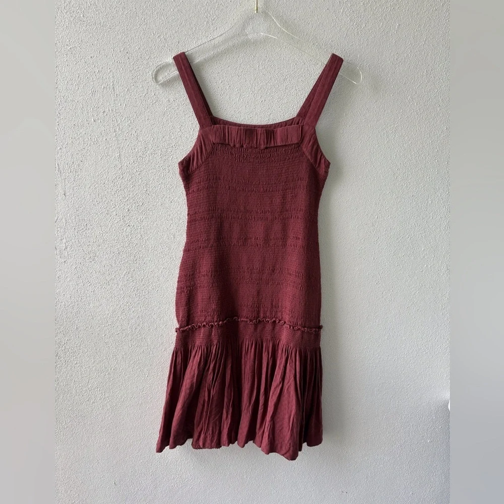 Anthropologie Escondido‎ Smocked Drop Waist Wine Dress XS Square Neck
